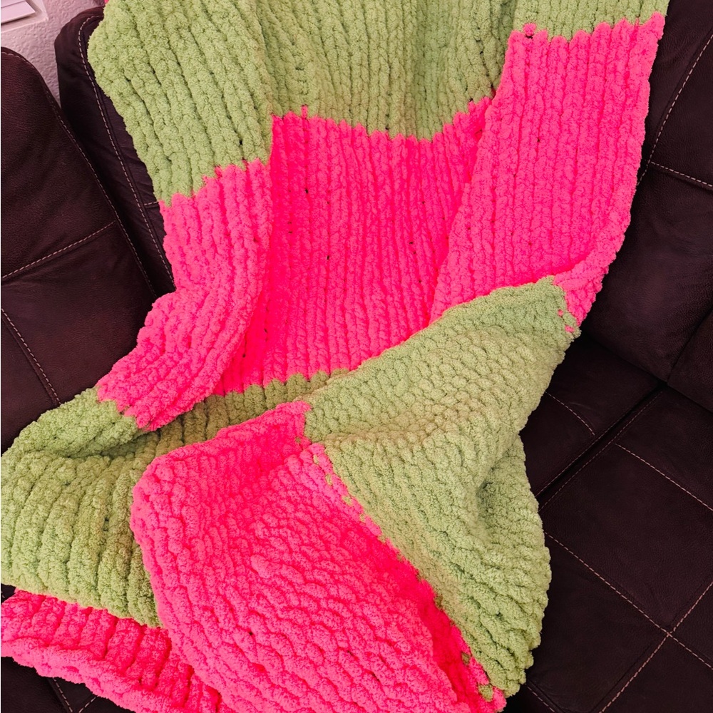 Pink and Green Chunky Knit Blanket